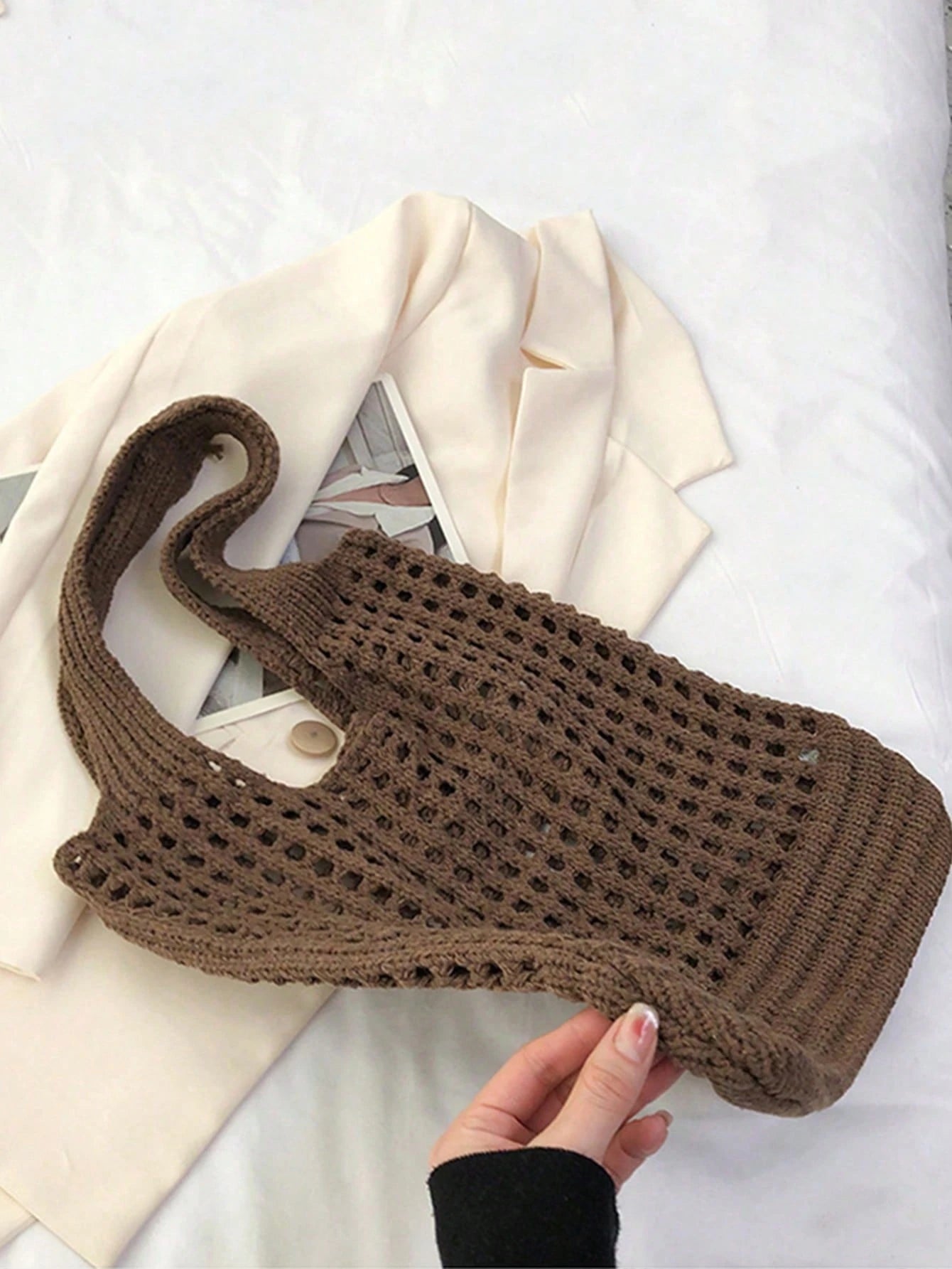 Yogodlns Women's Knitted Shoulder Bag, Vintage Hollow Woven Large Capacity Floral Decor Shopping Handbag, Crochet Bag, Crochet Tote, Summer Beach Tote, Vacationcore