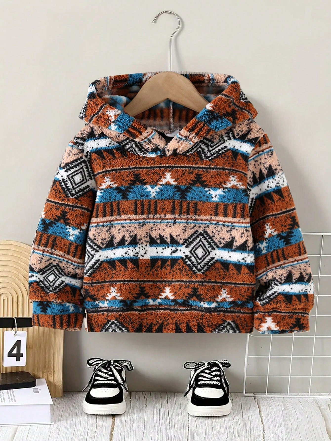 Young Boy Autumn/Winter Vintage Fair Isle Loose Thick Warm Hooded Sweatshirt, Casual Long Sleeve Pullover, Slightly Elastic, Autumn/Winter Fashion Sweatshirt