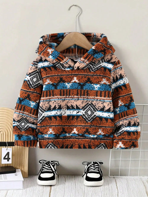 Young Boy Autumn/Winter Vintage Fair Isle Loose Thick Warm Hooded Sweatshirt, Casual Long Sleeve Pullover, Slightly Elastic, Autumn/Winter Fashion Sweatshirt