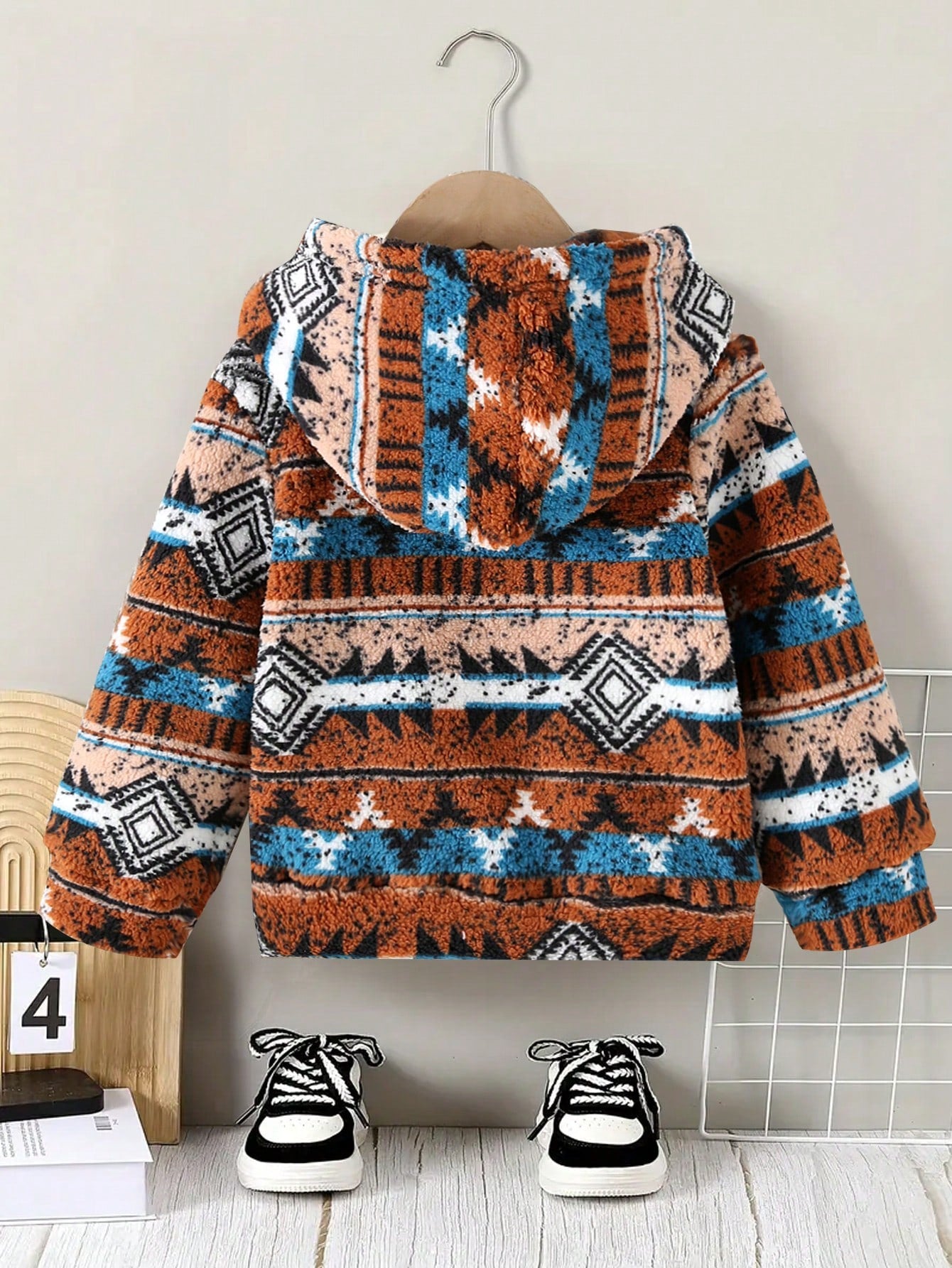 Young Boy Autumn/Winter Vintage Fair Isle Loose Thick Warm Hooded Sweatshirt, Casual Long Sleeve Pullover, Slightly Elastic, Autumn/Winter Fashion Sweatshirt