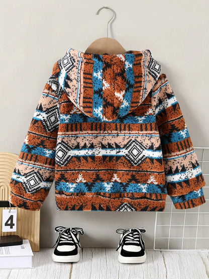 Young Boy Autumn/Winter Vintage Fair Isle Loose Thick Warm Hooded Sweatshirt, Casual Long Sleeve Pullover, Slightly Elastic, Autumn/Winter Fashion Sweatshirt
