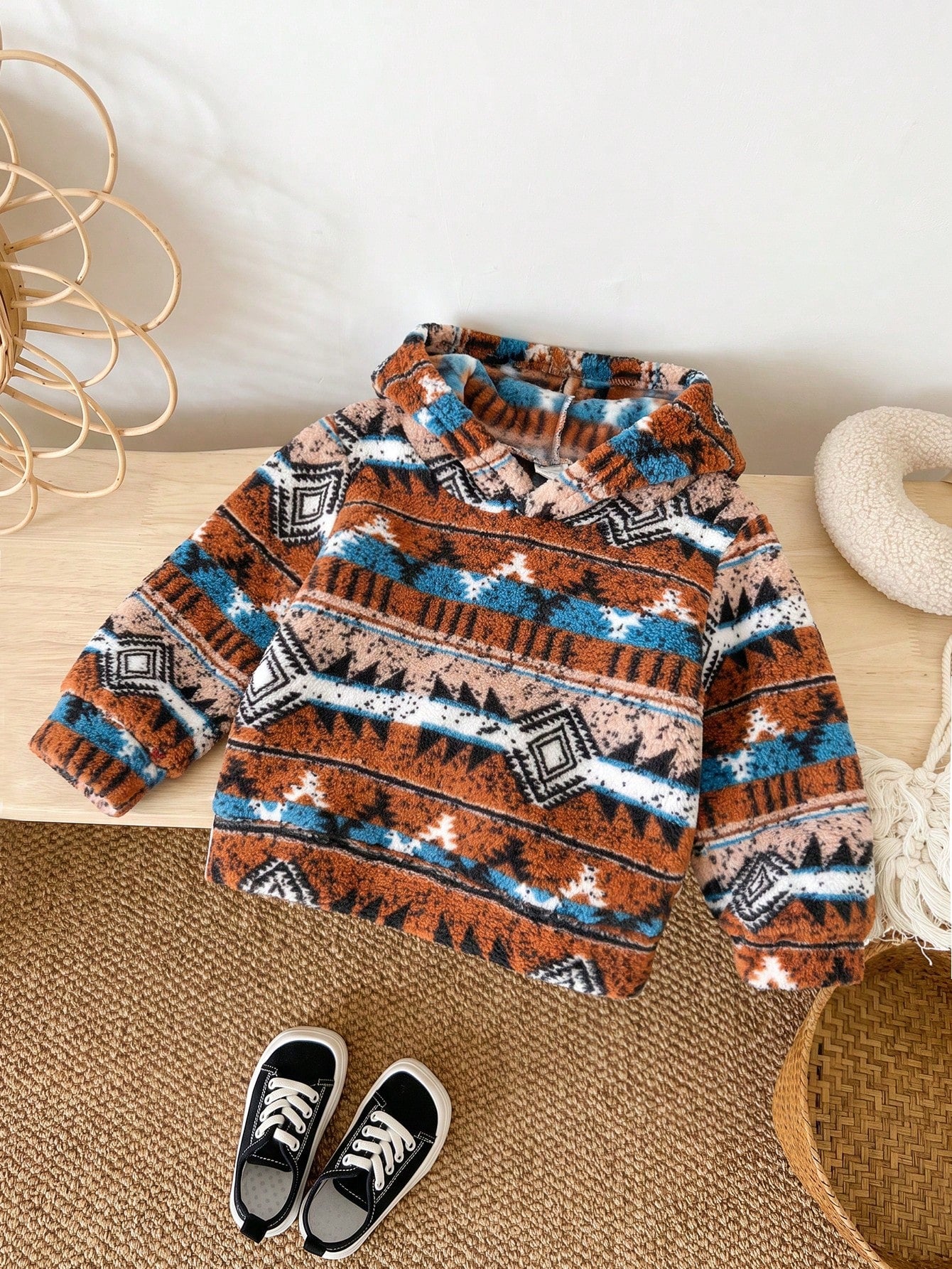 Young Boy Autumn/Winter Vintage Fair Isle Loose Thick Warm Hooded Sweatshirt, Casual Long Sleeve Pullover, Slightly Elastic, Autumn/Winter Fashion Sweatshirt