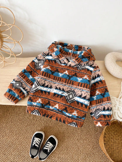 Young Boy Autumn/Winter Vintage Fair Isle Loose Thick Warm Hooded Sweatshirt, Casual Long Sleeve Pullover, Slightly Elastic, Autumn/Winter Fashion Sweatshirt