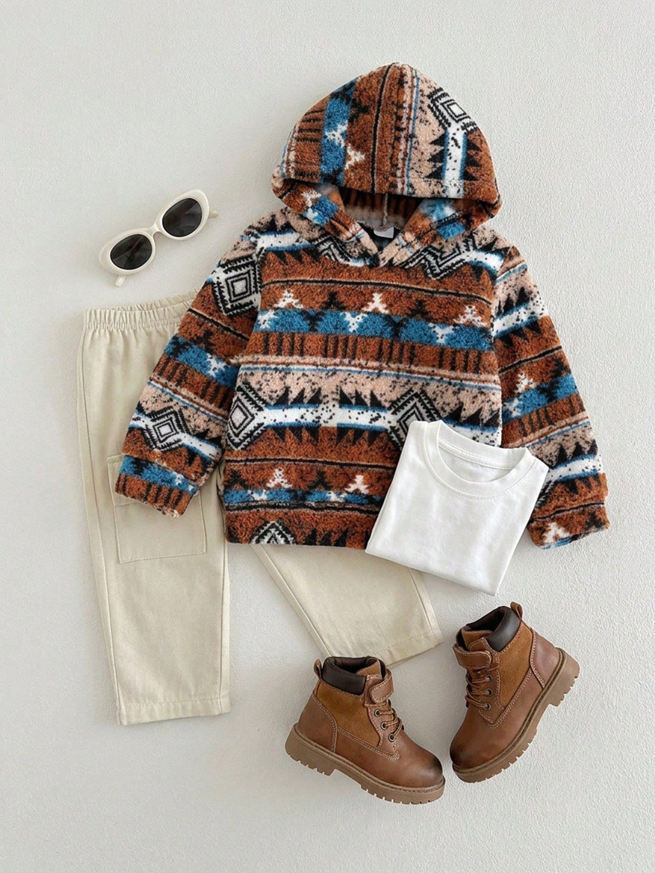 Young Boy Autumn/Winter Vintage Fair Isle Loose Thick Warm Hooded Sweatshirt, Casual Long Sleeve Pullover, Slightly Elastic, Autumn/Winter Fashion Sweatshirt