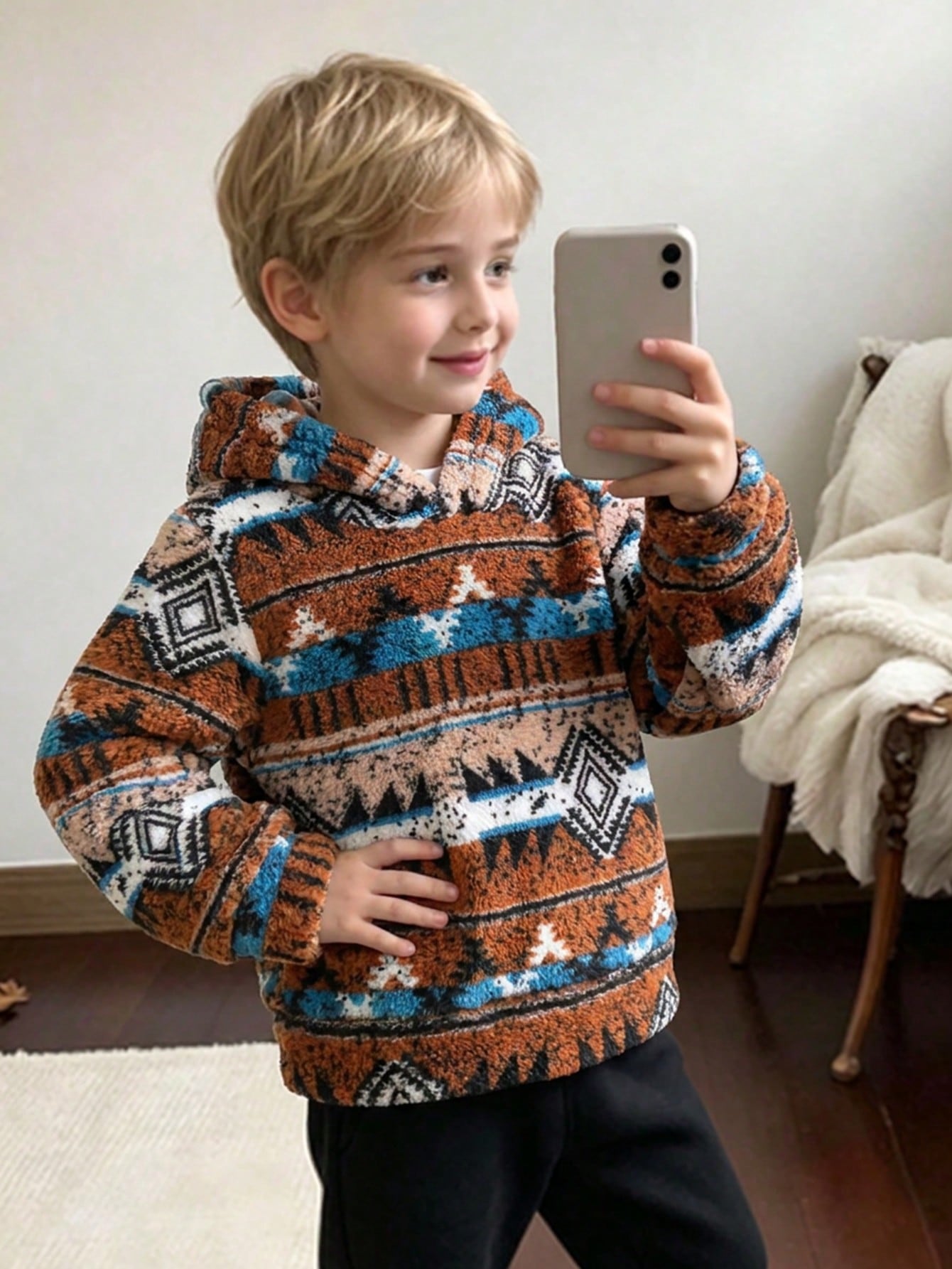 Young Boy Autumn/Winter Vintage Fair Isle Loose Thick Warm Hooded Sweatshirt, Casual Long Sleeve Pullover, Slightly Elastic, Autumn/Winter Fashion Sweatshirt