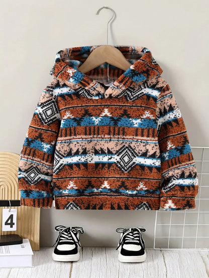 Young Boy Autumn/Winter Vintage Fair Isle Loose Thick Warm Hooded Sweatshirt, Casual Long Sleeve Pullover, Slightly Elastic, Autumn/Winter Fashion Sweatshirt