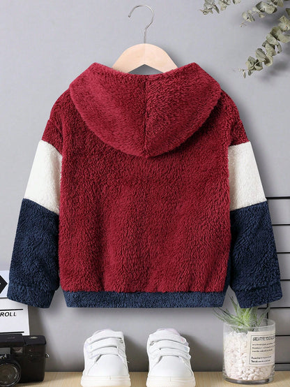 Young Boy Letter Embroidery Colorblock Teddy Sweatshirt,In Fall/Winter