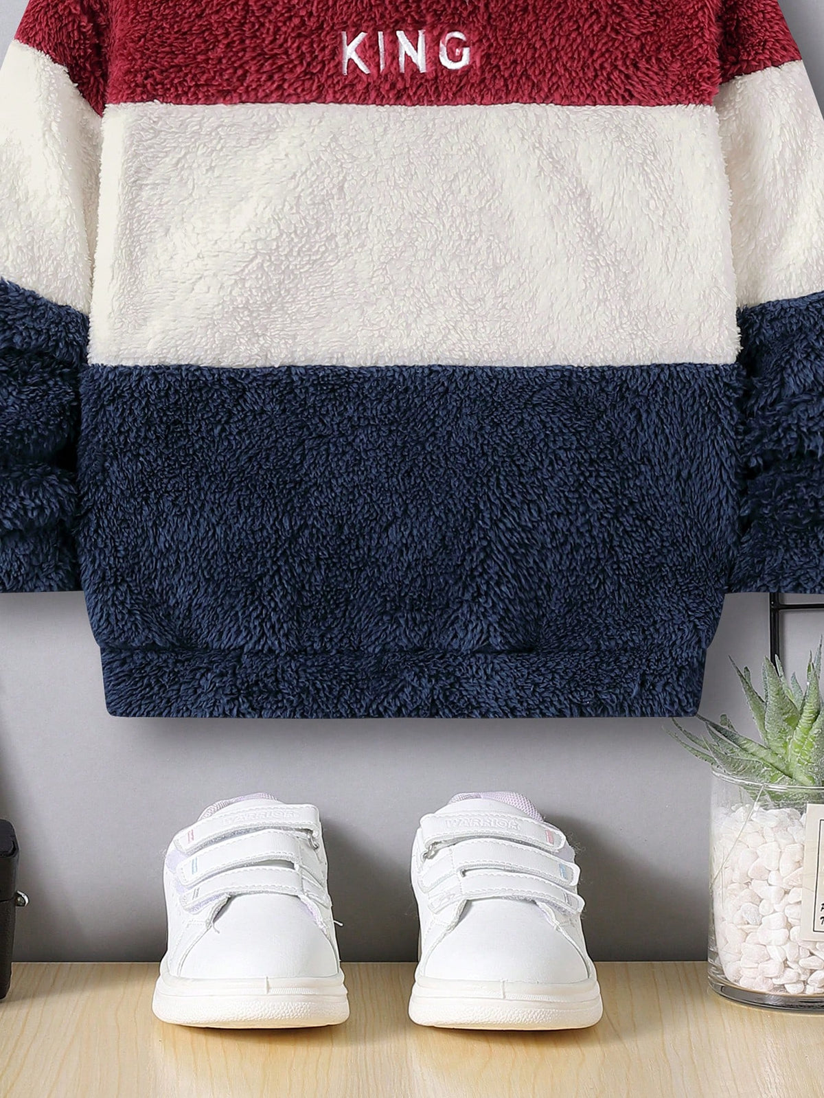 Young Boy Letter Embroidery Colorblock Teddy Sweatshirt,In Fall/Winter