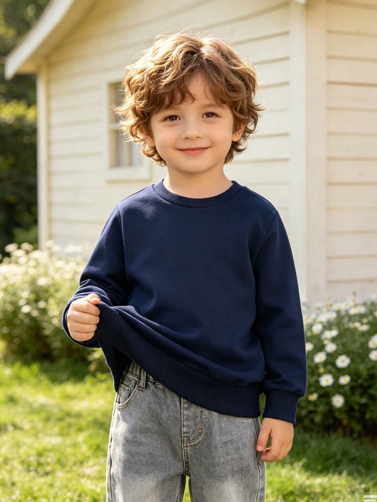 Young Boy Long Sleeve Sweatshirt, All-Match Solid Color Versatile Top, Design For Autumn And Winter