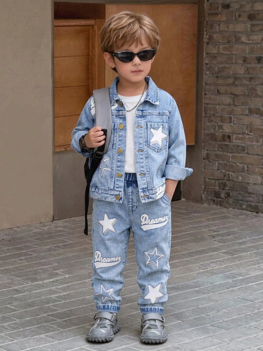 Young Boys Letter & Star Print Denim Long Sleeve Top & Tapered Pants Set,Casual Fashion Summer Career Day Outfit,Washed Blue Denim Comfortable Fabric