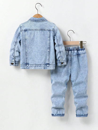 Young Boys Letter & Star Print Denim Long Sleeve Top & Tapered Pants Set,Casual Fashion Summer Career Day Outfit,Washed Blue Denim Comfortable Fabric