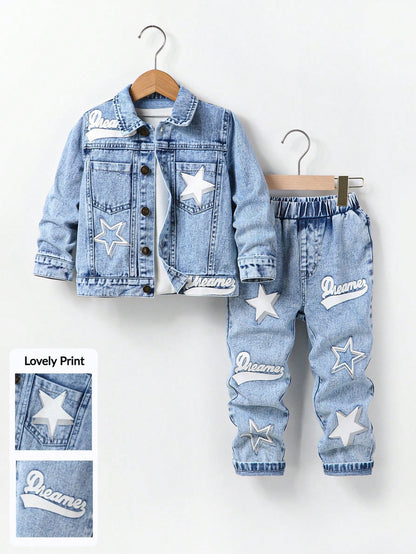 Young Boys Letter & Star Print Denim Long Sleeve Top & Tapered Pants Set,Casual Fashion Summer Career Day Outfit,Washed Blue Denim Comfortable Fabric