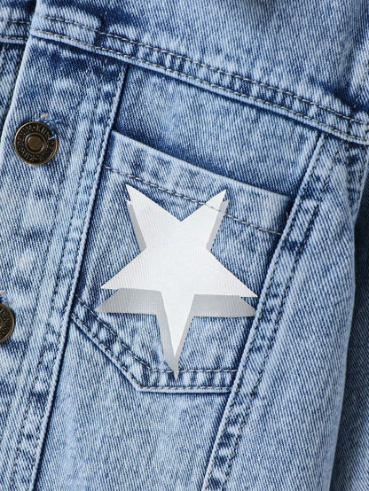 Young Boys Letter & Star Print Denim Long Sleeve Top & Tapered Pants Set,Casual Fashion Summer Career Day Outfit,Washed Blue Denim Comfortable Fabric
