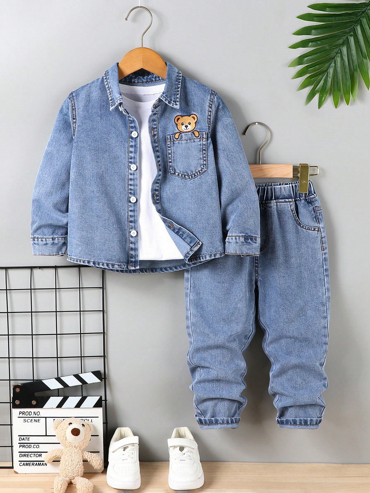 Young Boys Letter & Star Print Denim Long Sleeve Top & Tapered Pants Set,Casual Fashion Summer Career Day Outfit,Washed Blue Denim Comfortable Fabric