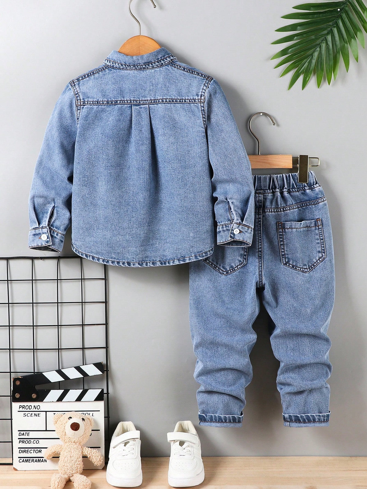 Young Boys Letter & Star Print Denim Long Sleeve Top & Tapered Pants Set,Casual Fashion Summer Career Day Outfit,Washed Blue Denim Comfortable Fabric