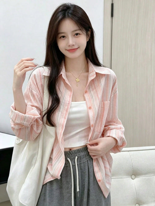YUXIN Pink Striped Women's Shirt, Breathable And Comfortable, Loose Fit Design With Lapel Collar And Long Sleeves, Suitable For Spring And Summer
