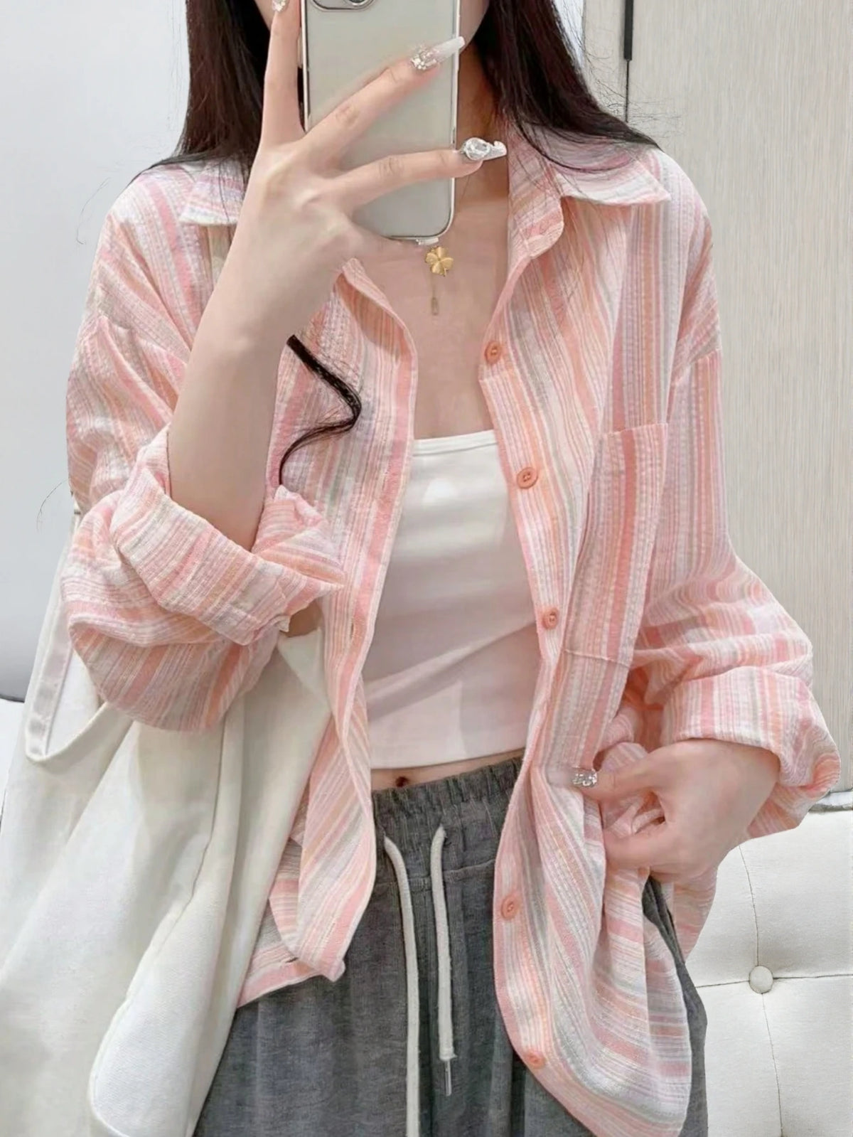 YUXIN Pink Striped Women's Shirt, Breathable And Comfortable, Loose Fit Design With Lapel Collar And Long Sleeves, Suitable For Spring And Summer