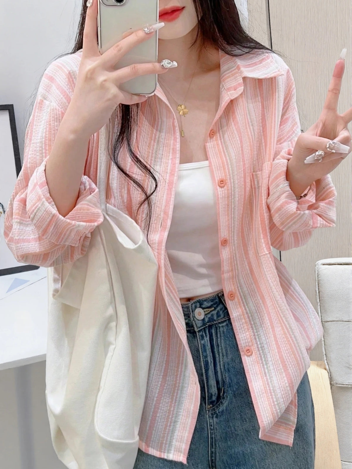 YUXIN Pink Striped Women's Shirt, Breathable And Comfortable, Loose Fit Design With Lapel Collar And Long Sleeves, Suitable For Spring And Summer