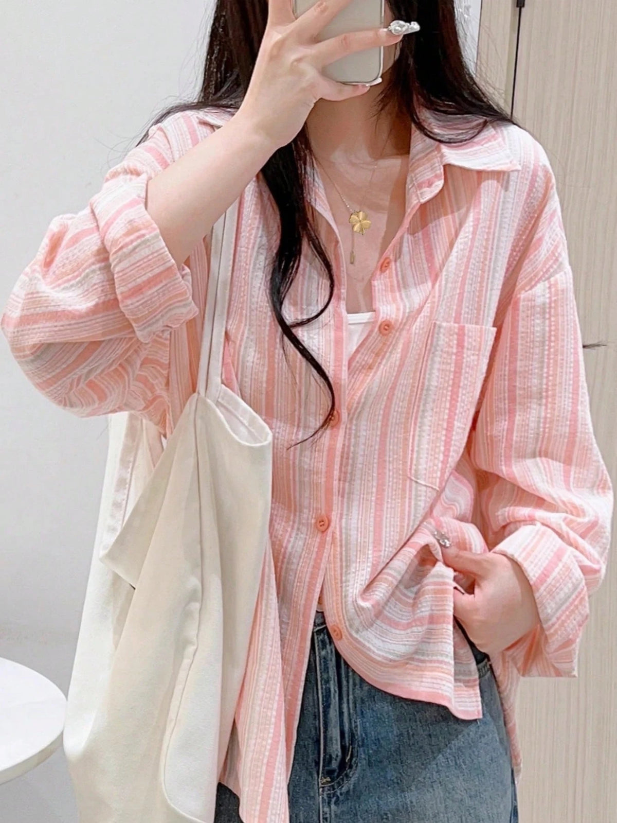 YUXIN Pink Striped Women's Shirt, Breathable And Comfortable, Loose Fit Design With Lapel Collar And Long Sleeves, Suitable For Spring And Summer