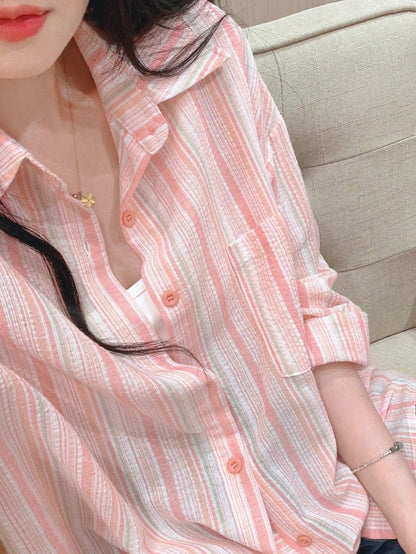 YUXIN Pink Striped Women's Shirt, Breathable And Comfortable, Loose Fit Design With Lapel Collar And Long Sleeves, Suitable For Spring And Summer