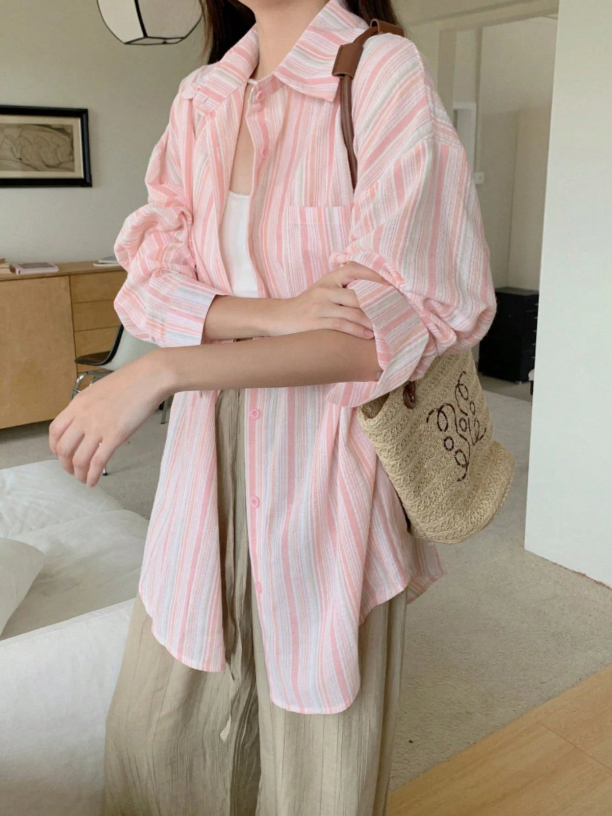 YUXIN Pink Striped Women's Shirt, Breathable And Comfortable, Loose Fit Design With Lapel Collar And Long Sleeves, Suitable For Spring And Summer