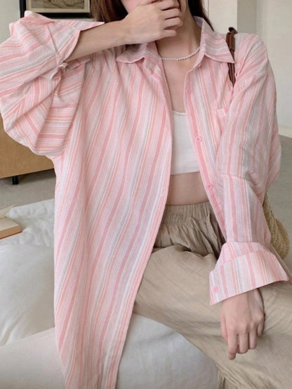 YUXIN Pink Striped Women's Shirt, Breathable And Comfortable, Loose Fit Design With Lapel Collar And Long Sleeves, Suitable For Spring And Summer