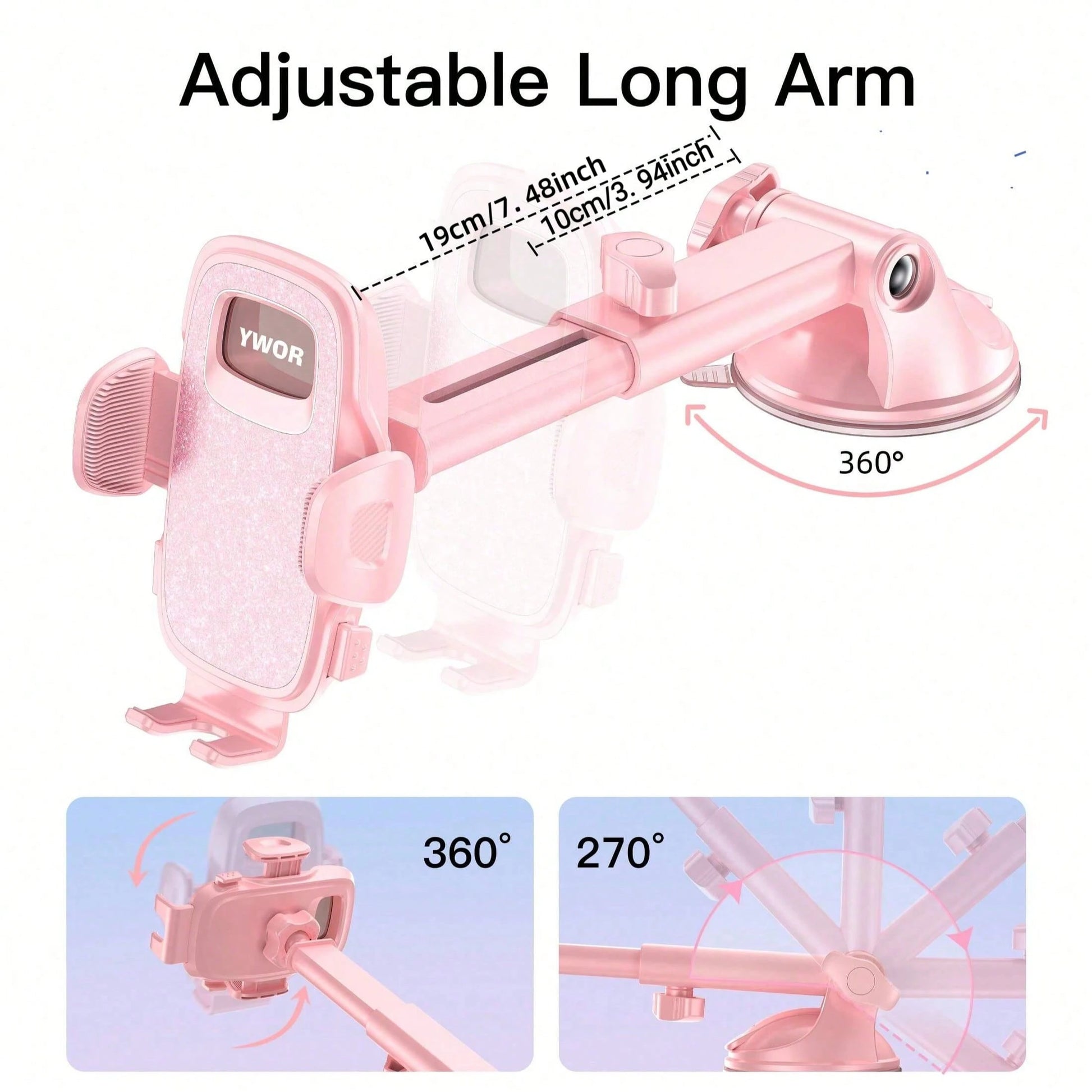 YWOR Pink Car Phone Holder, Universal Phone Mount, Suitable For Car Dashboard, Windshield, Window, Car Phone Stand, Compatible With Smartphones With Thick Cases, Christmas Gift