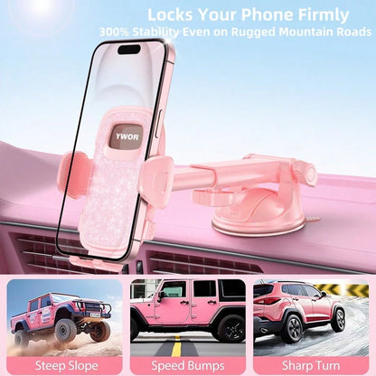 YWOR Pink Car Phone Holder, Universal Phone Mount, Suitable For Car Dashboard, Windshield, Window, Car Phone Stand, Compatible With Smartphones With Thick Cases, Christmas Gift