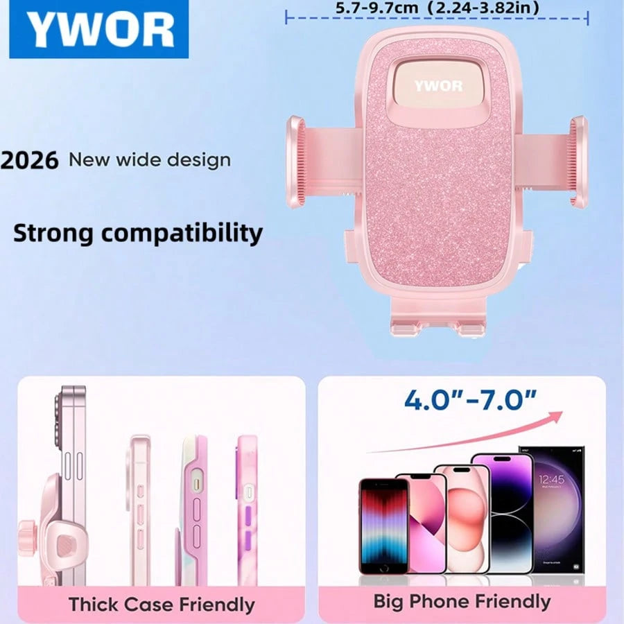 YWOR Pink Car Phone Holder, Universal Phone Mount, Suitable For Car Dashboard, Windshield, Window, Car Phone Stand, Compatible With Smartphones With Thick Cases, Christmas Gift