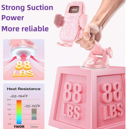 YWOR Pink Car Phone Holder, Universal Phone Mount, Suitable For Car Dashboard, Windshield, Window, Car Phone Stand, Compatible With Smartphones With Thick Cases, Christmas Gift