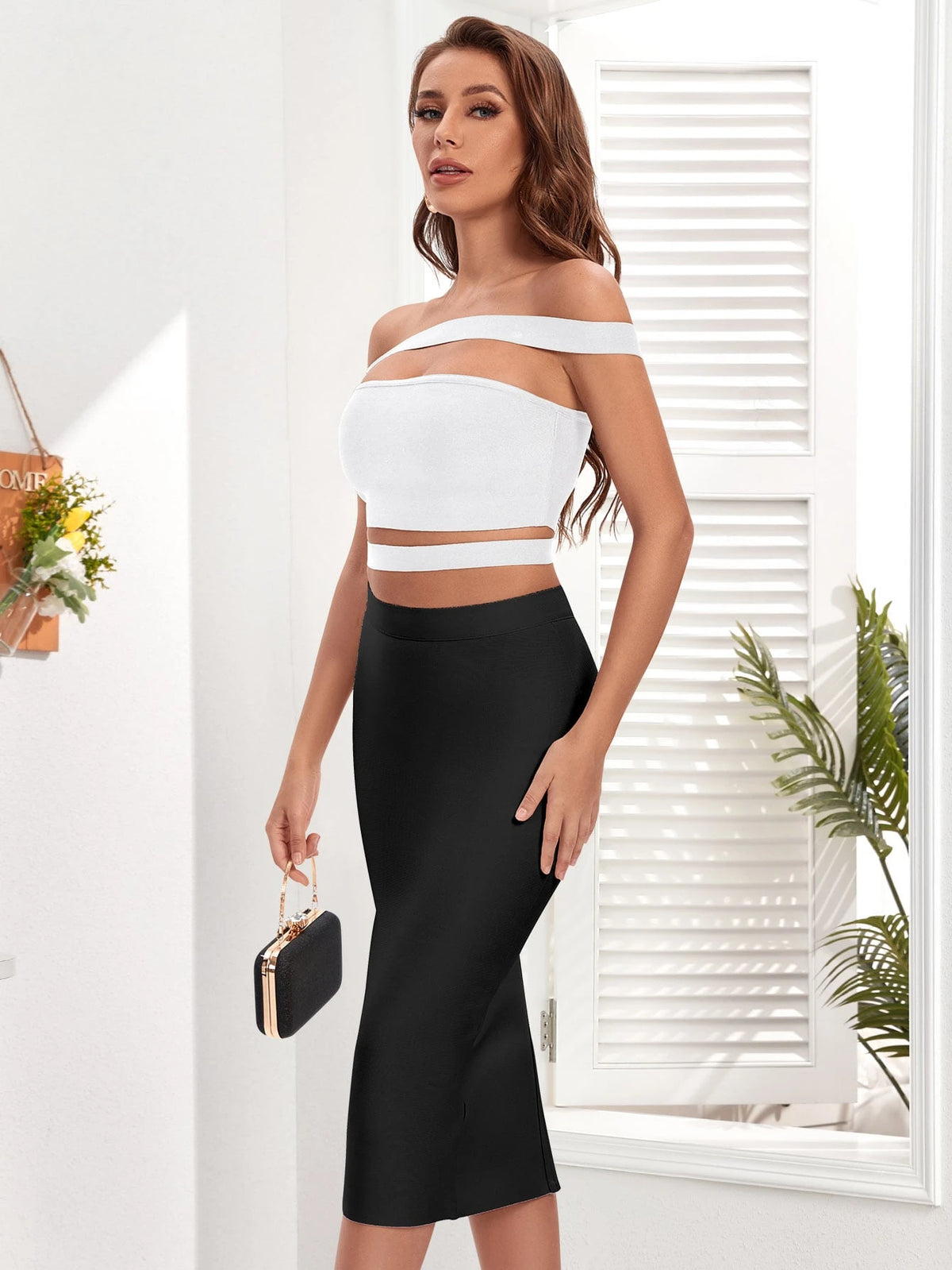 Zipper Back Split Hem Pencil Skirt Black Elegant Spring