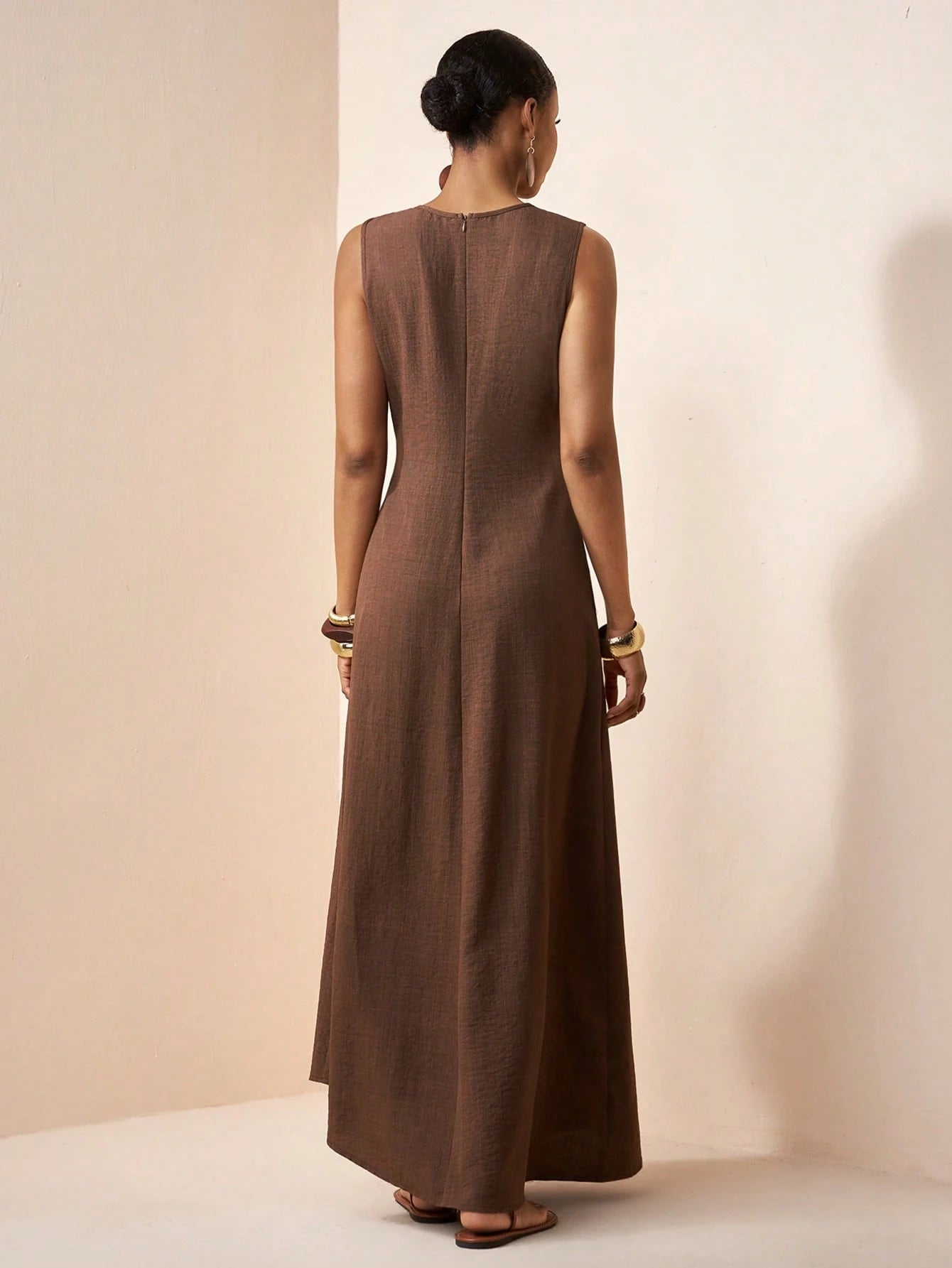 Zivah Women's Coffee Brown Elegant Minimalist Summer Vacation Holiday Dress,Boho Linen Loose-Fitting Patchwork Pleated A-Line Long Dress For Casual Beach