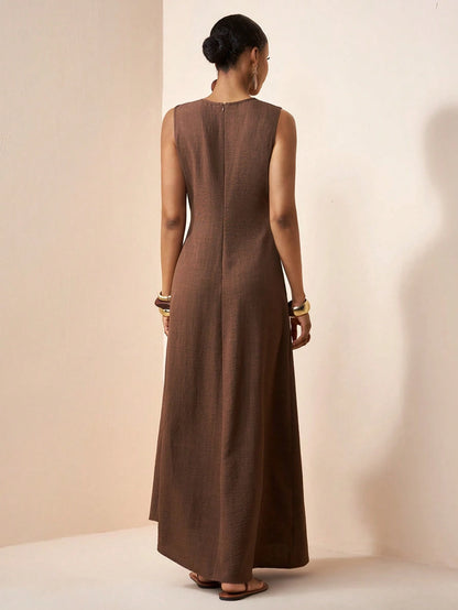 Zivah Women's Coffee Brown Elegant Minimalist Summer Vacation Holiday Dress,Boho Linen Loose-Fitting Patchwork Pleated A-Line Long Dress For Casual Beach