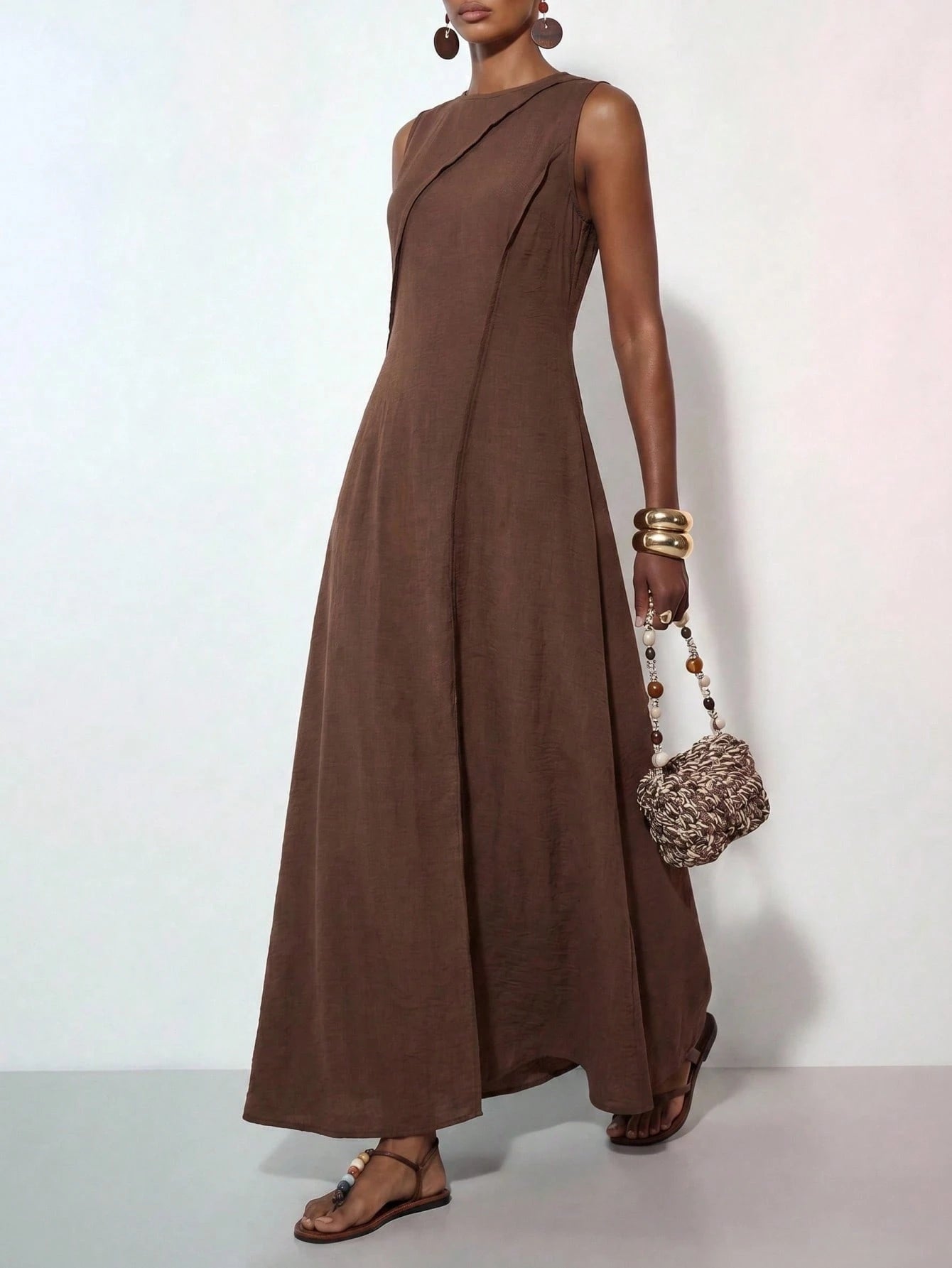 Zivah Women's Coffee Brown Elegant Minimalist Summer Vacation Holiday Dress,Boho Linen Loose-Fitting Patchwork Pleated A-Line Long Dress For Casual Beach