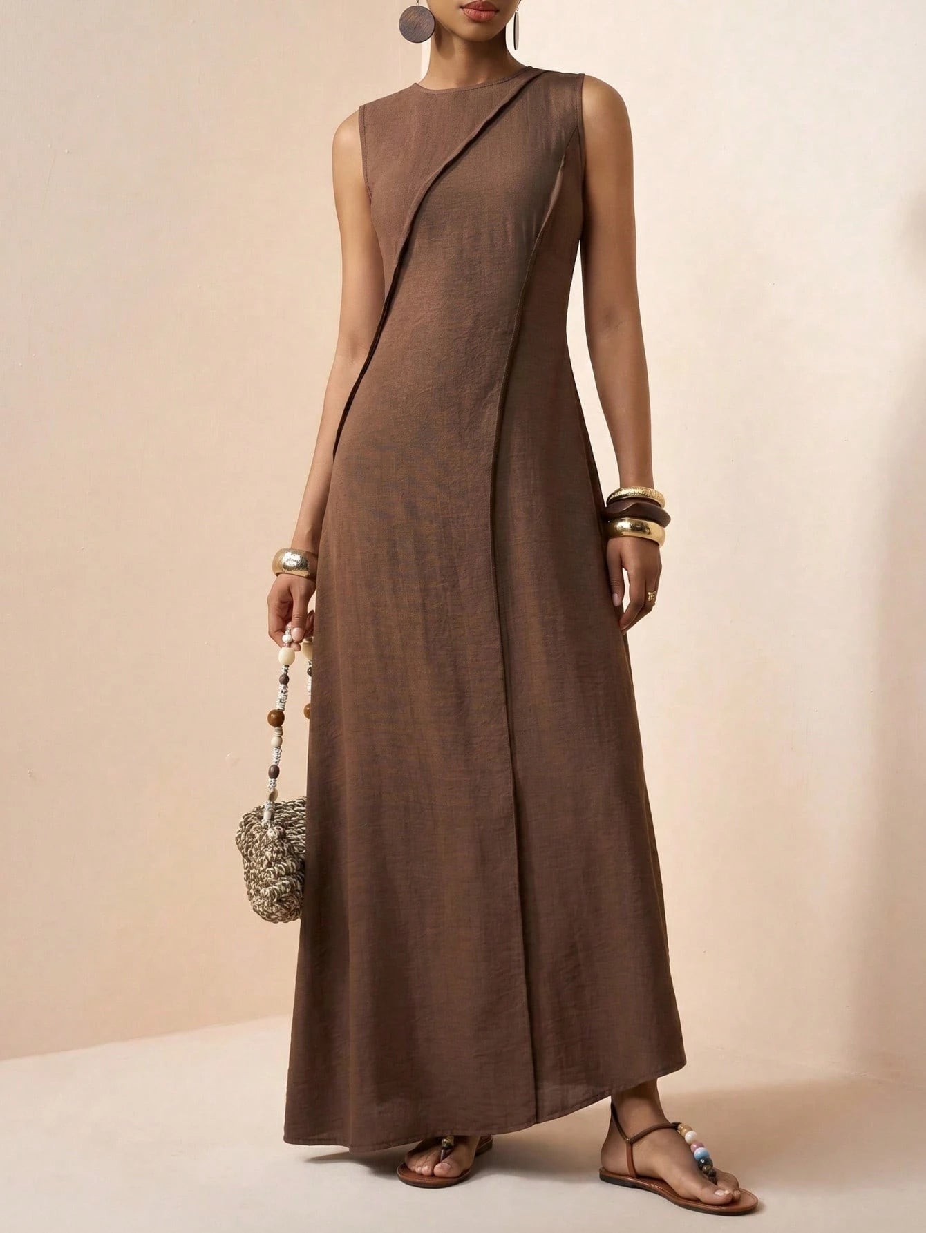 Zivah Women's Coffee Brown Elegant Minimalist Summer Vacation Holiday Dress,Boho Linen Loose-Fitting Patchwork Pleated A-Line Long Dress For Casual Beach