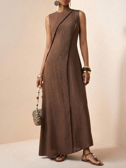 Zivah Women's Coffee Brown Elegant Minimalist Summer Vacation Holiday Dress,Boho Linen Loose-Fitting Patchwork Pleated A-Line Long Dress For Casual Beach