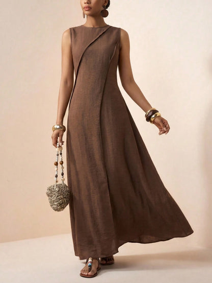 Zivah Women's Coffee Brown Elegant Minimalist Summer Vacation Holiday Dress,Boho Linen Loose-Fitting Patchwork Pleated A-Line Long Dress For Casual Beach