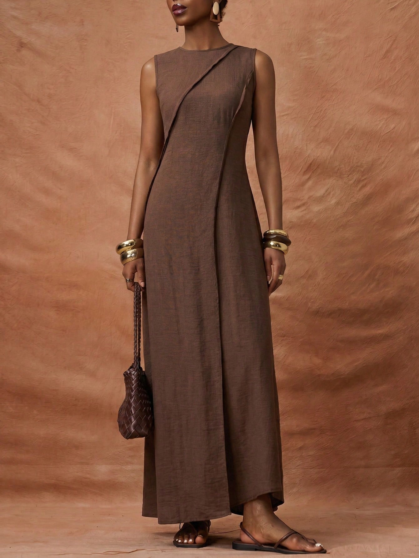 Zivah Women's Coffee Brown Elegant Minimalist Summer Vacation Holiday Dress,Boho Linen Loose-Fitting Patchwork Pleated A-Line Long Dress For Casual Beach