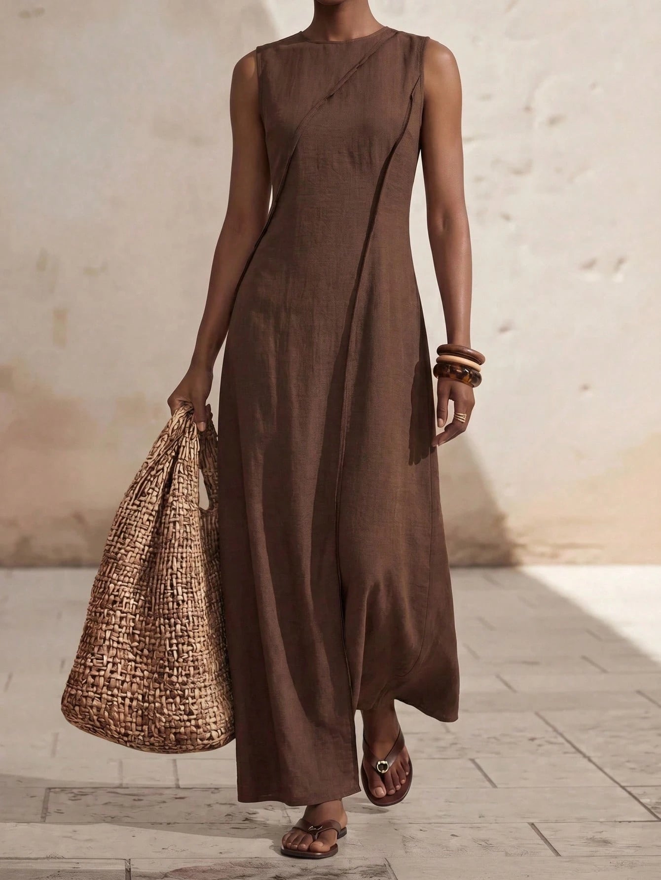 Zivah Women's Coffee Brown Elegant Minimalist Summer Vacation Holiday Dress,Boho Linen Loose-Fitting Patchwork Pleated A-Line Long Dress For Casual Beach