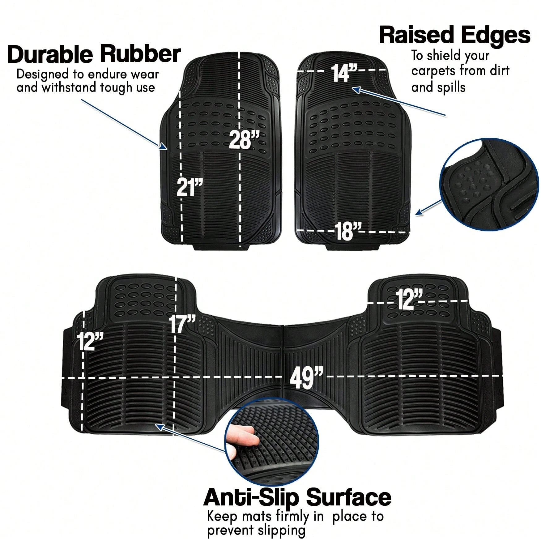 Zone Tech All Weather Rubber Car Interior Floor Mats 3-Piece Trimmable Waterproof Odorless Black Heavy Duty Interior Floor Mats Universal Fit