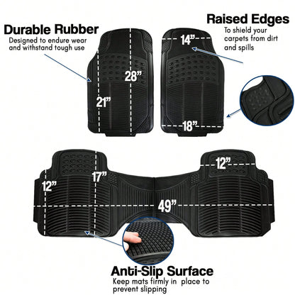 Zone Tech All Weather Rubber Car Interior Floor Mats 3-Piece Trimmable Waterproof Odorless Black Heavy Duty Interior Floor Mats Universal Fit