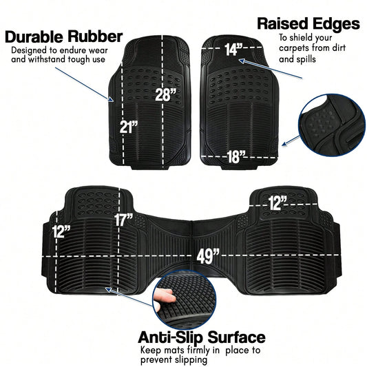 Zone Tech All Weather Rubber Car Interior Floor Mats 3-Piece Trimmable Waterproof Odorless Black Heavy Duty Interior Floor Mats Universal Fit