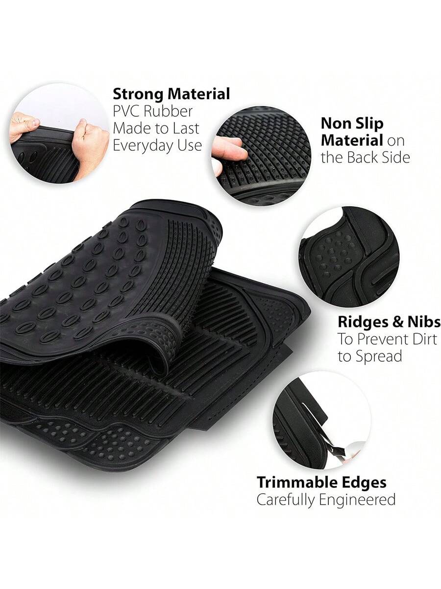 Zone Tech All Weather Rubber Car Interior Floor Mats 3-Piece Trimmable Waterproof Odorless Black Heavy Duty Interior Floor Mats Universal Fit