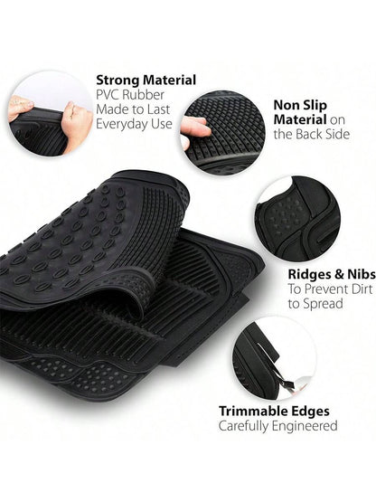 Zone Tech All Weather Rubber Car Interior Floor Mats 3-Piece Trimmable Waterproof Odorless Black Heavy Duty Interior Floor Mats Universal Fit