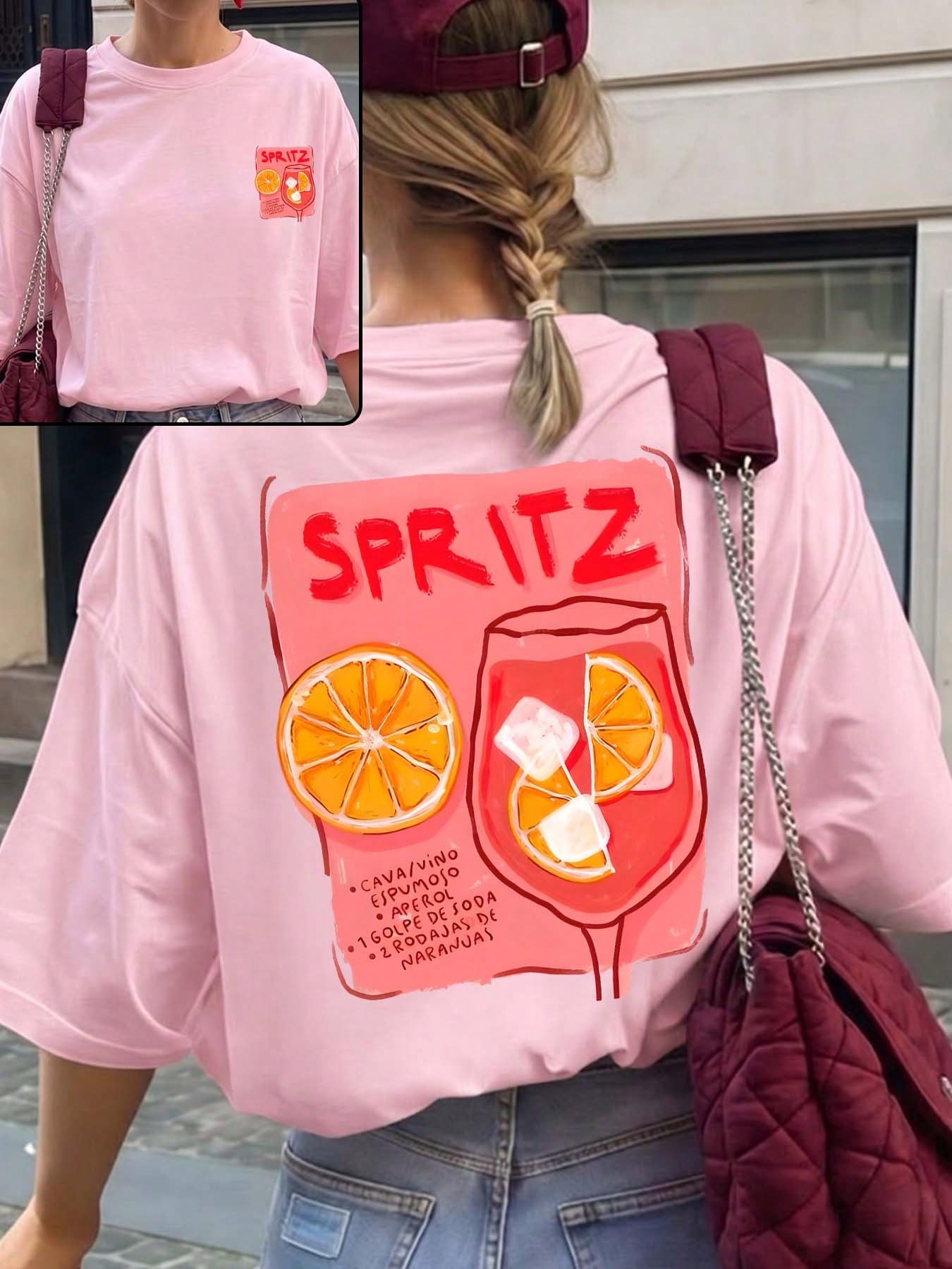 ZZG Es Trus Summer Women's "SPRITZ" Cocktail Letter Pattern Print Street Y2k Clothing Pink Top Round Neck Plus Size Short Sleeved T-Shirt Casual