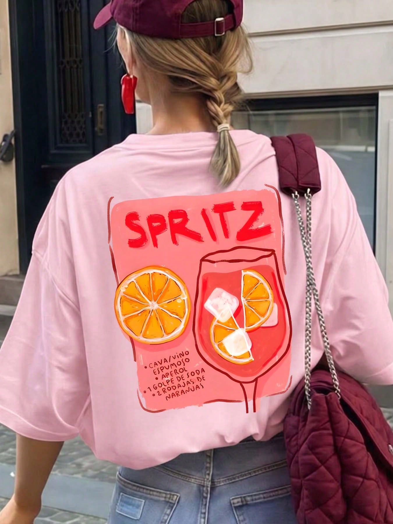 ZZG Es Trus Summer Women's "SPRITZ" Cocktail Letter Pattern Print Street Y2k Clothing Pink Top Round Neck Plus Size Short Sleeved T-Shirt Casual