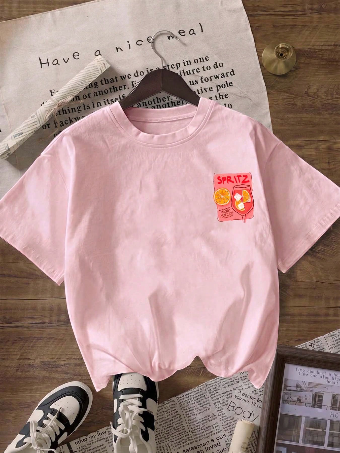ZZG Es Trus Summer Women's "SPRITZ" Cocktail Letter Pattern Print Street Y2k Clothing Pink Top Round Neck Plus Size Short Sleeved T-Shirt Casual