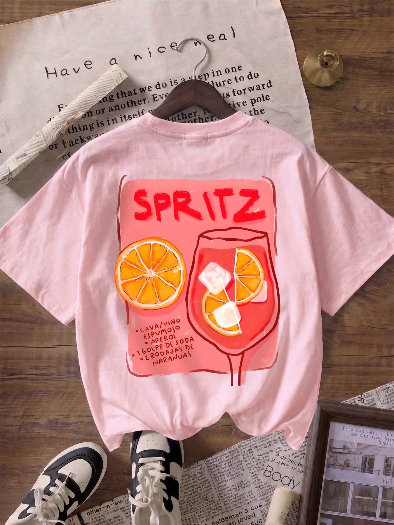 ZZG Es Trus Summer Women's "SPRITZ" Cocktail Letter Pattern Print Street Y2k Clothing Pink Top Round Neck Plus Size Short Sleeved T-Shirt Casual