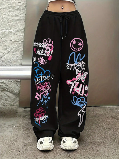 ZZG Es Trus Women's Printed Graffiti Graphic Tee, Streetwear Vintage Casual Comfortable Y2K Style Top, Suitable For Outdoor Leisure; Regular Niche Punk Style Black Long Jogger Pants, Straight Leg Spri